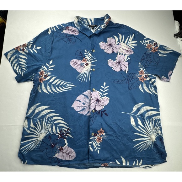 George Other - George Button Down Shirt Tropical Floral Hibiscus Print‎ XL Blue Short Sleeve
